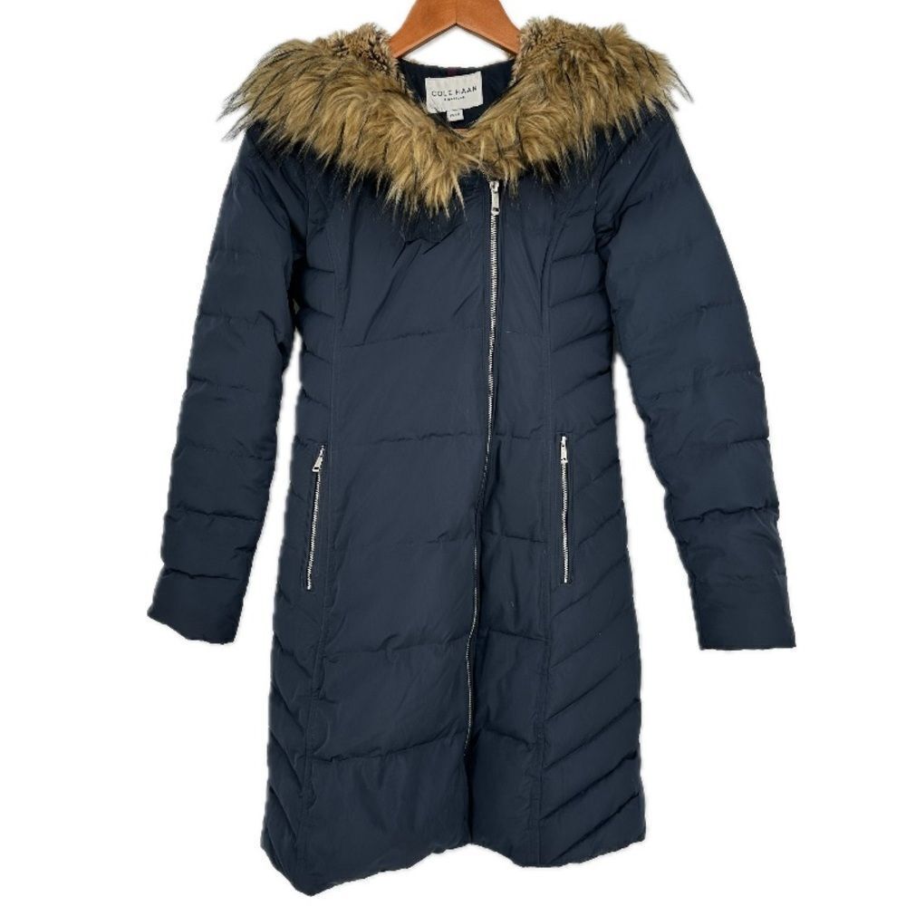 Cole Haan Signature Faux Fur Trim Hooded Navy Down Coat Women's Size Extra Small